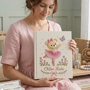 Personalized hand embroidered photo album featuring a ballerina teddy bear in a pink tutu dancing with a butterfly and floral accents