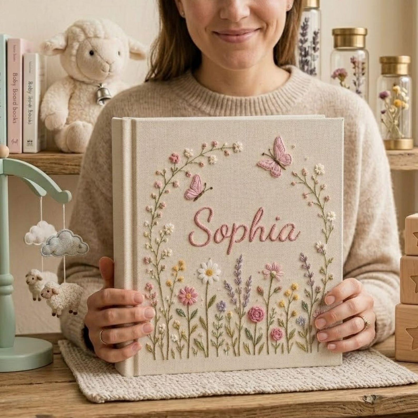 Personalized hand embroidered photo album featuring pastel wildflowers butterflies and custom name embroidery on linen cover