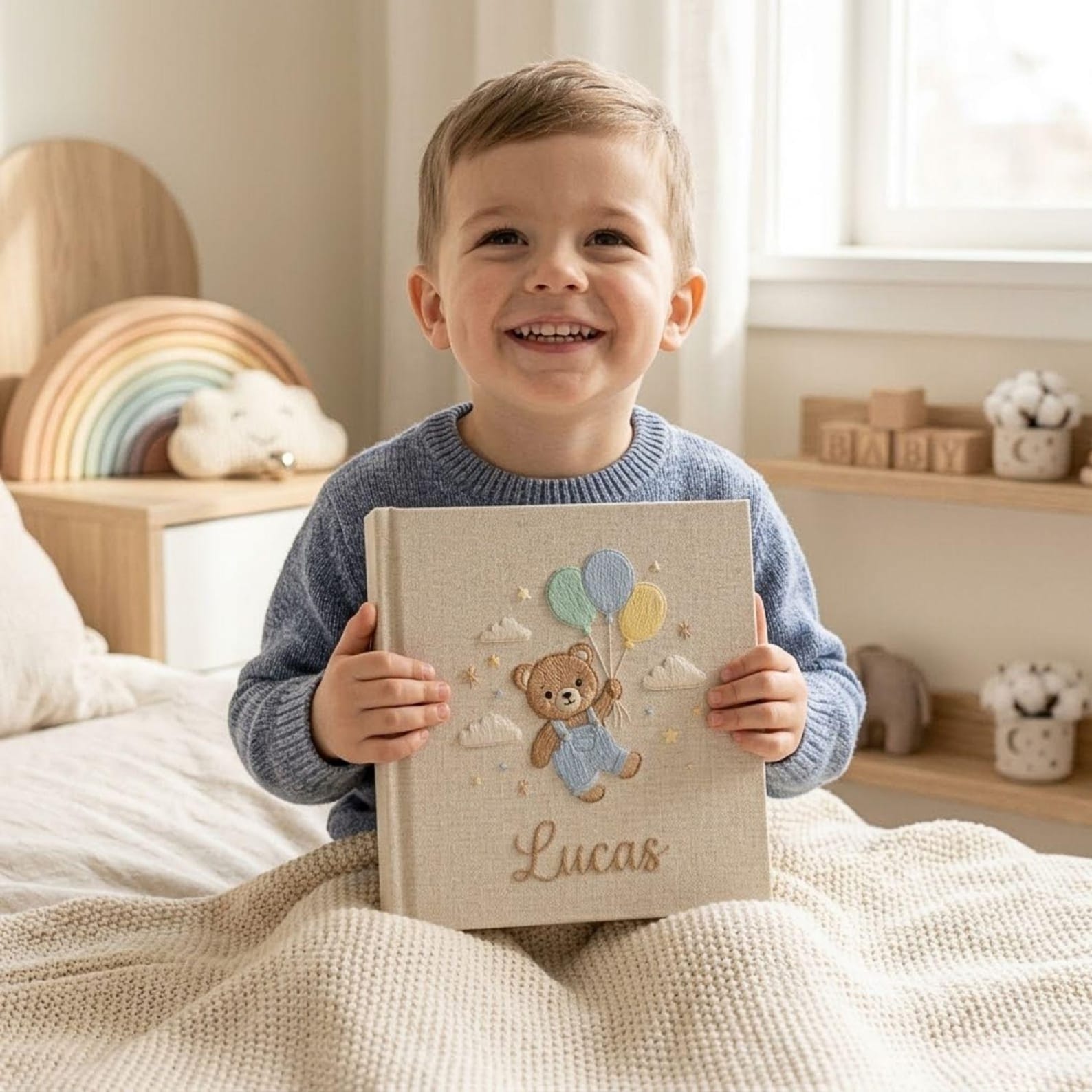 Personalized teddy balloon hand embroidered baby photo album with pastel nursery design on linen cover