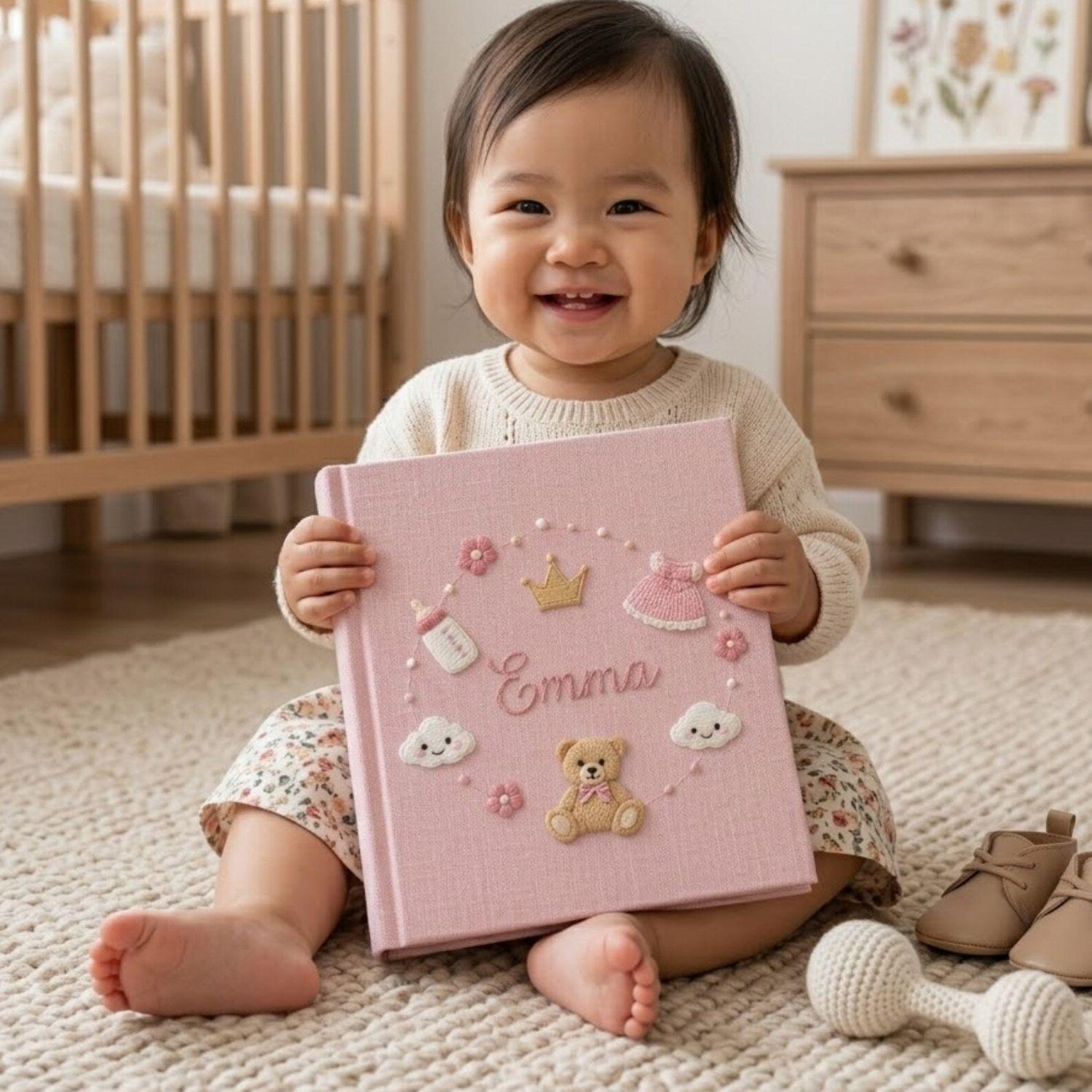 Personalized princess teddy hand embroidered baby photo album with pink nursery and crown design on linen cover