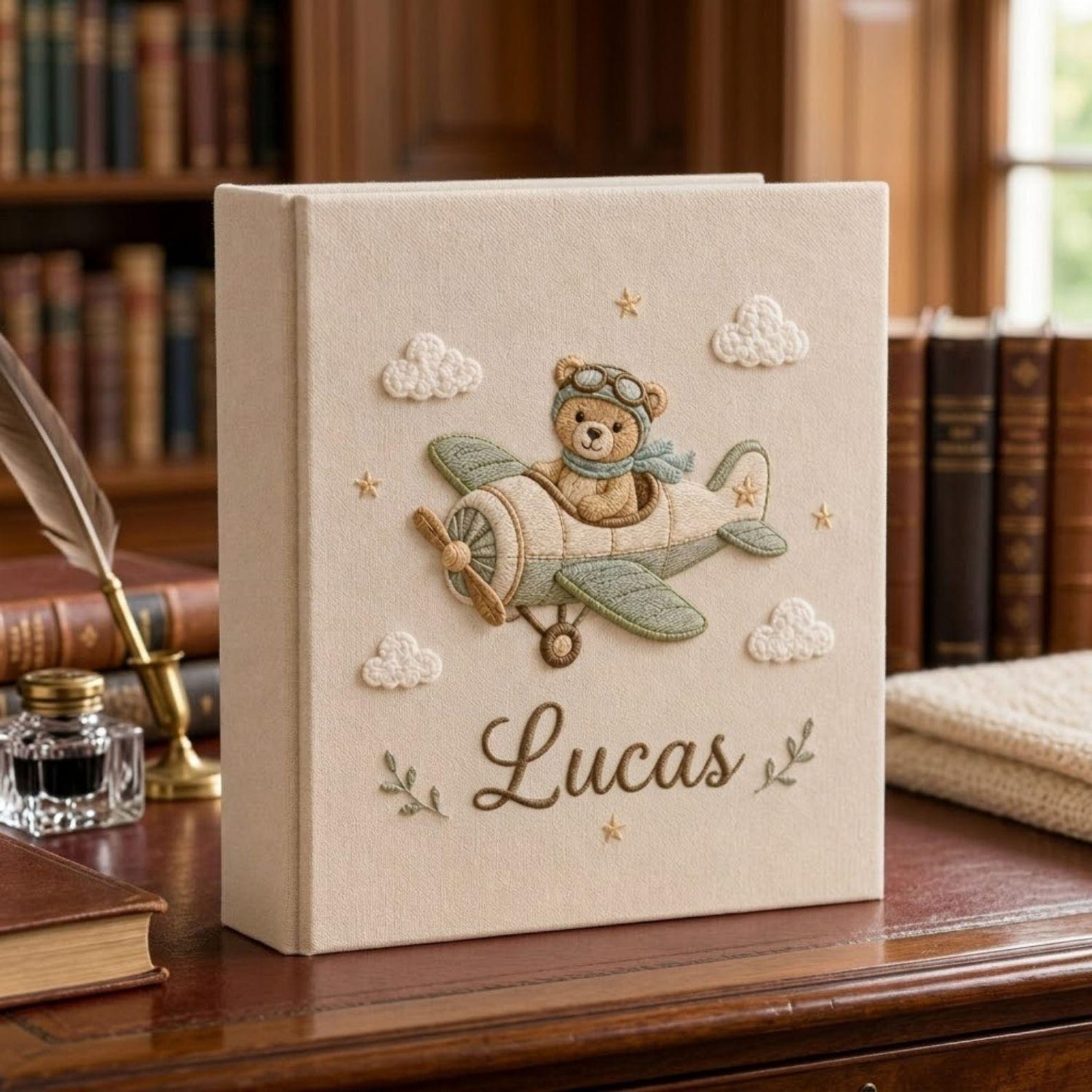 Personalized teddy aviator airplane hand embroidered baby photo album with vintage airplane nursery design on linen cover