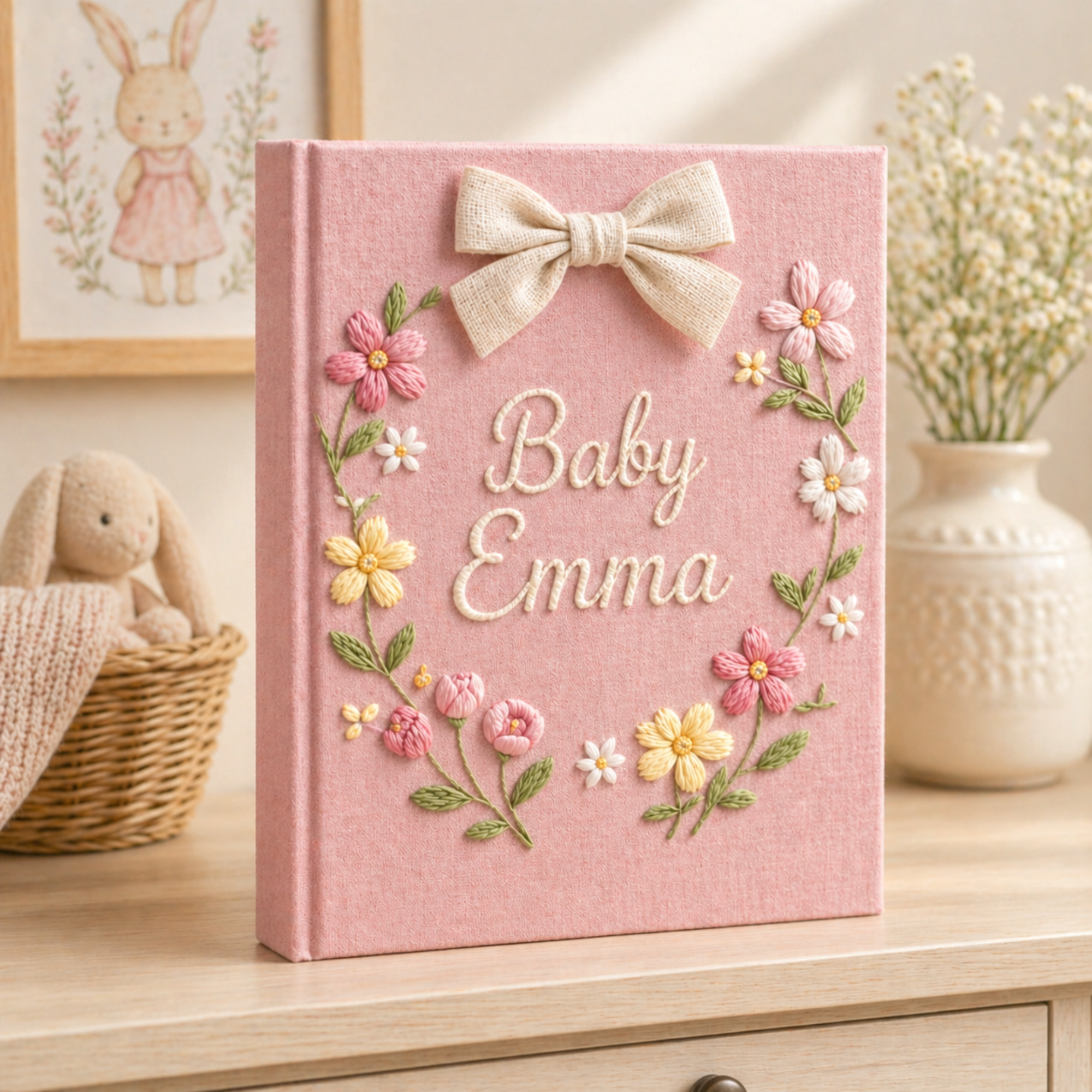 Personalized hand embroidered photo album featuring a floral name crest with pastel flowers and elegant bow on a pink linen cover