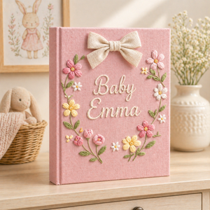 Personalized hand embroidered photo album featuring a floral name crest with pastel flowers and elegant bow on a pink linen cover