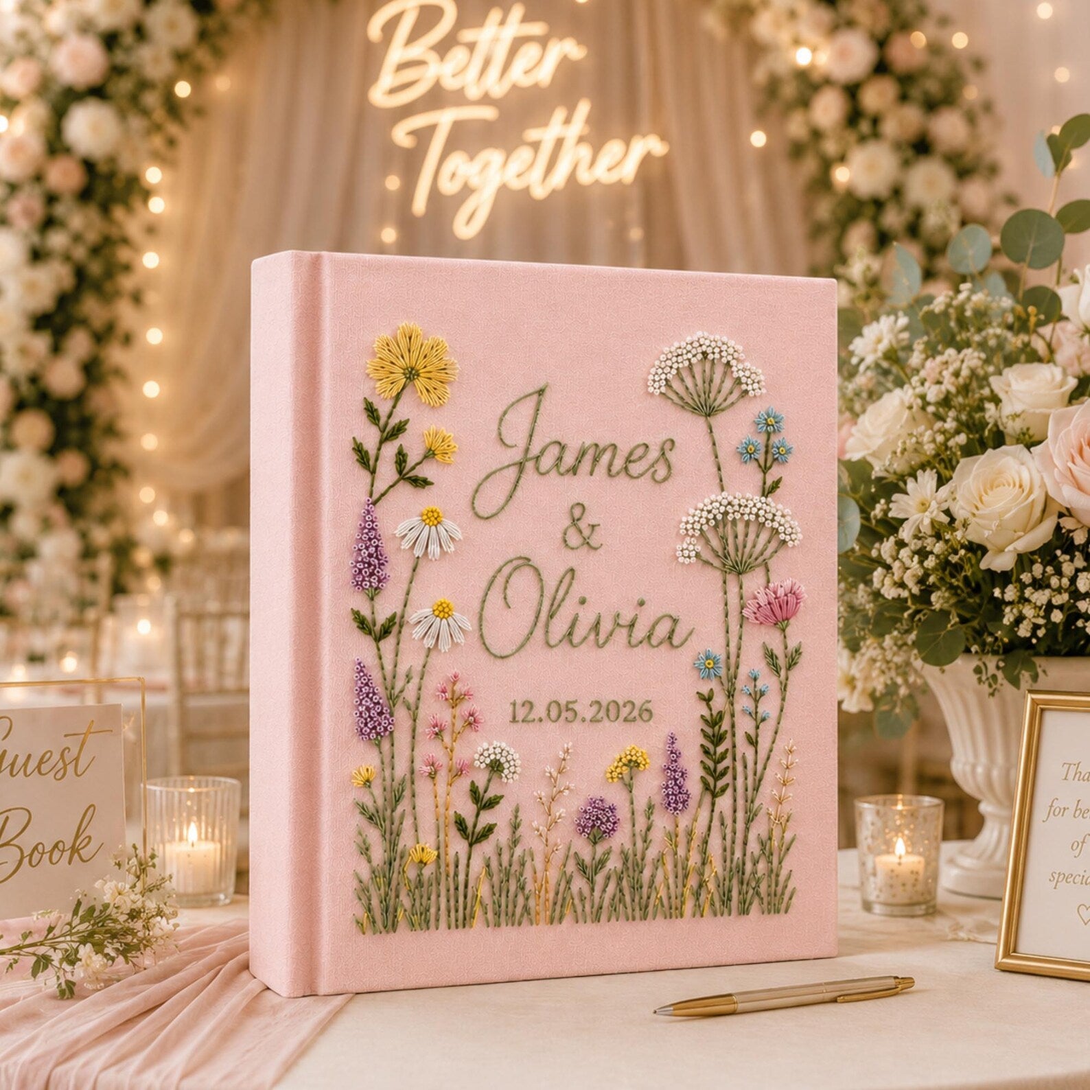 Personalized hand embroidered wild meadow wedding photo album with colorful botanical flowers and custom names on linen cover