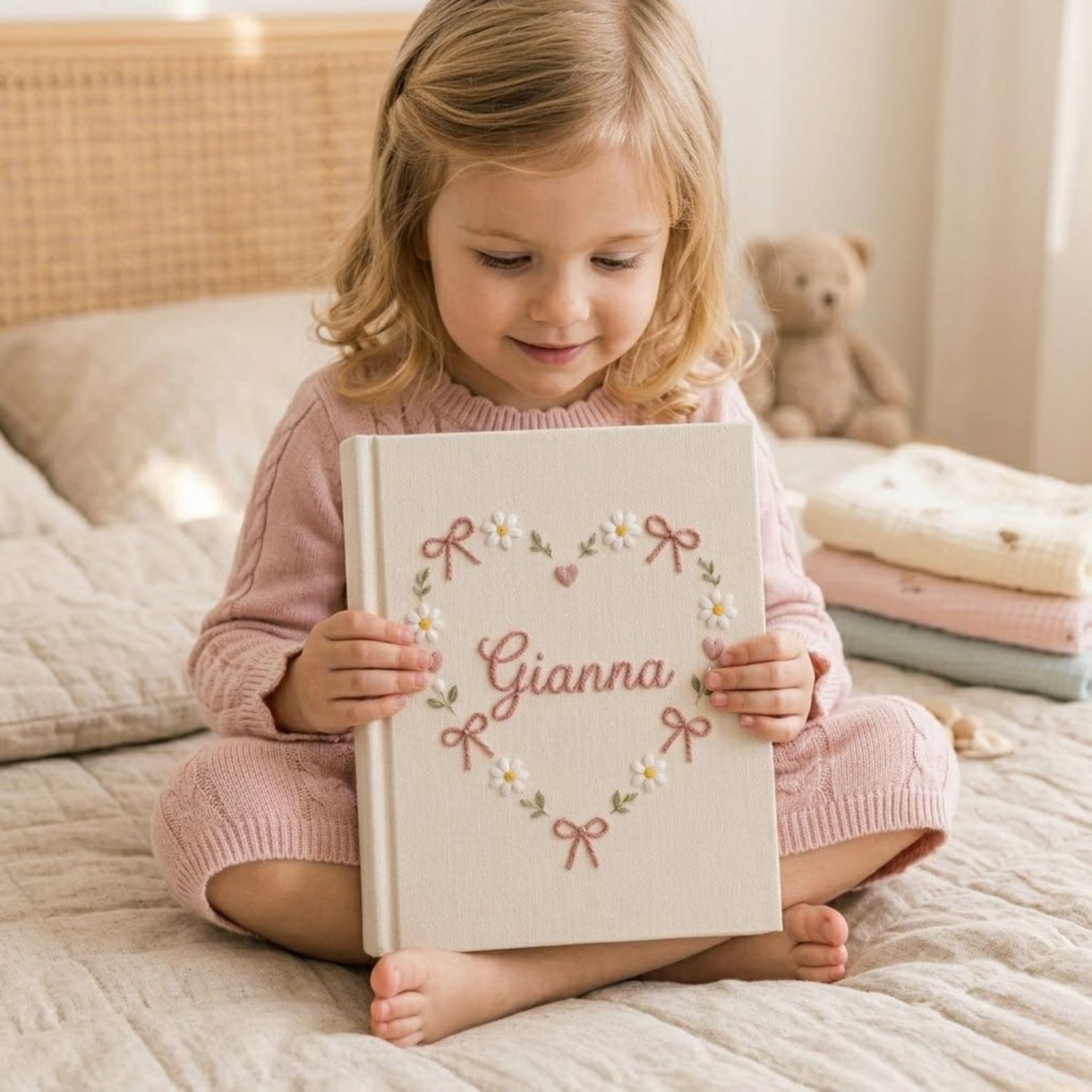Personalized daisy heart hand embroidered photo album with floral bow and pastel design on linen cover