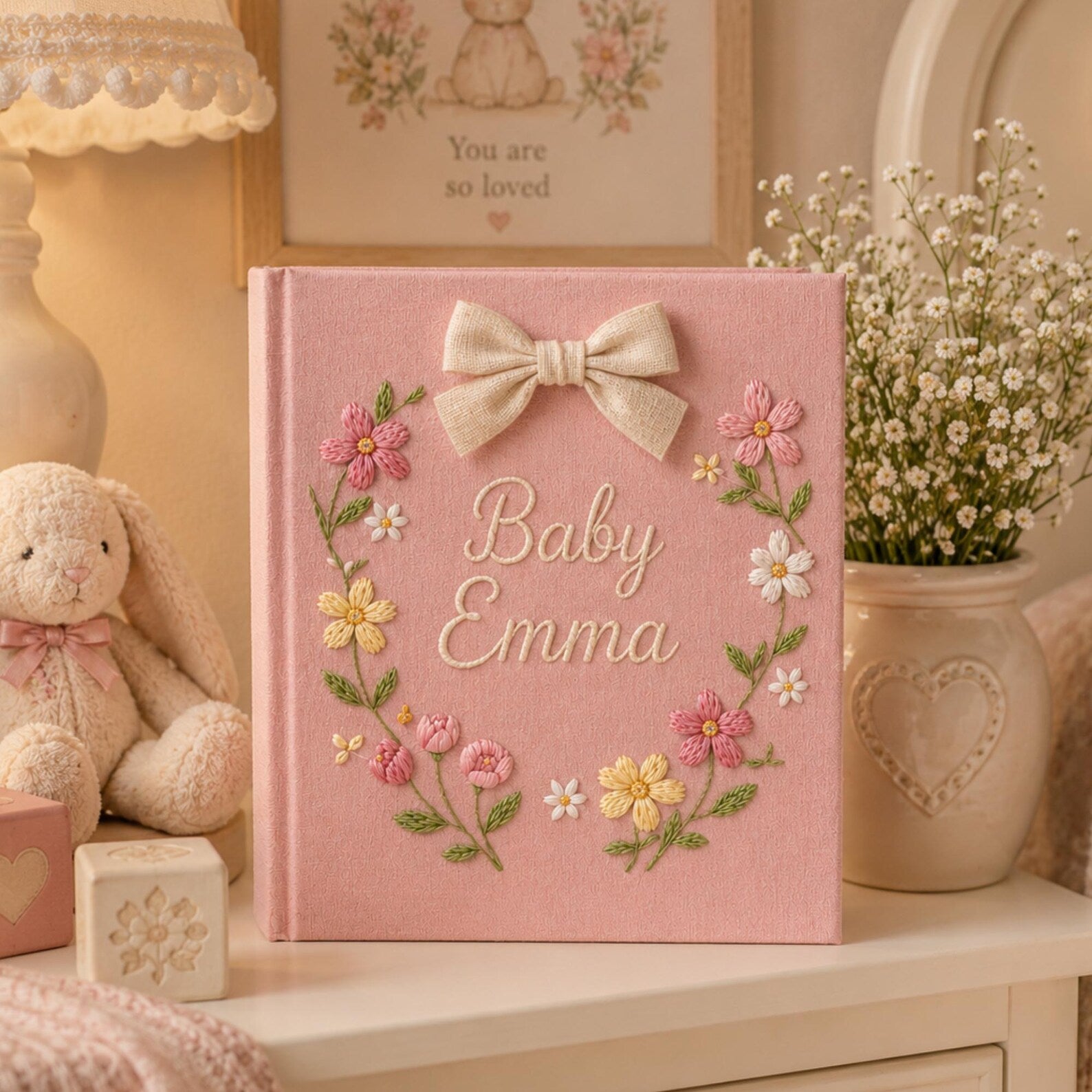 Personalized hand embroidered baby photo album with pastel floral wreath embroidery and elegant linen bow detail