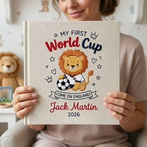 Personalized hand embroidered photo album featuring a cute soccer lion with football and First World Cup theme customized with baby name
