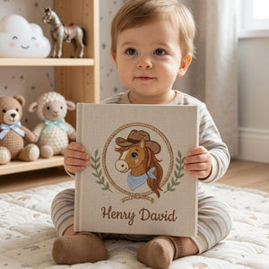 Personalized hand embroidered photo album featuring a cowboy horse with western hat bandana rope wreath and custom name embroidery