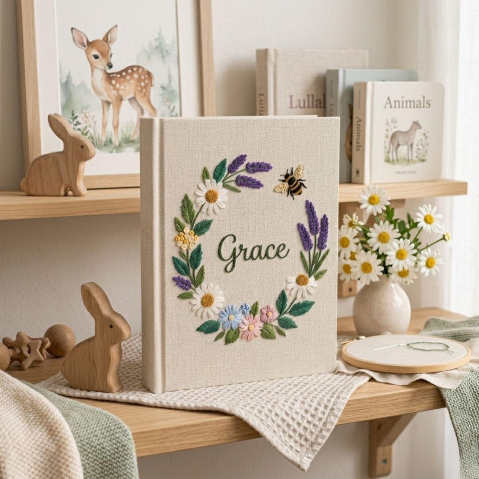Personalized floral bee hand embroidered baby photo album with lavender daisy wreath design on linen cover