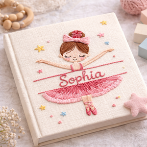 Personalized hand embroidered photo album featuring a cute ballerina wearing a pink tutu and ballet slippers with custom name embroidery on a premium linen cover