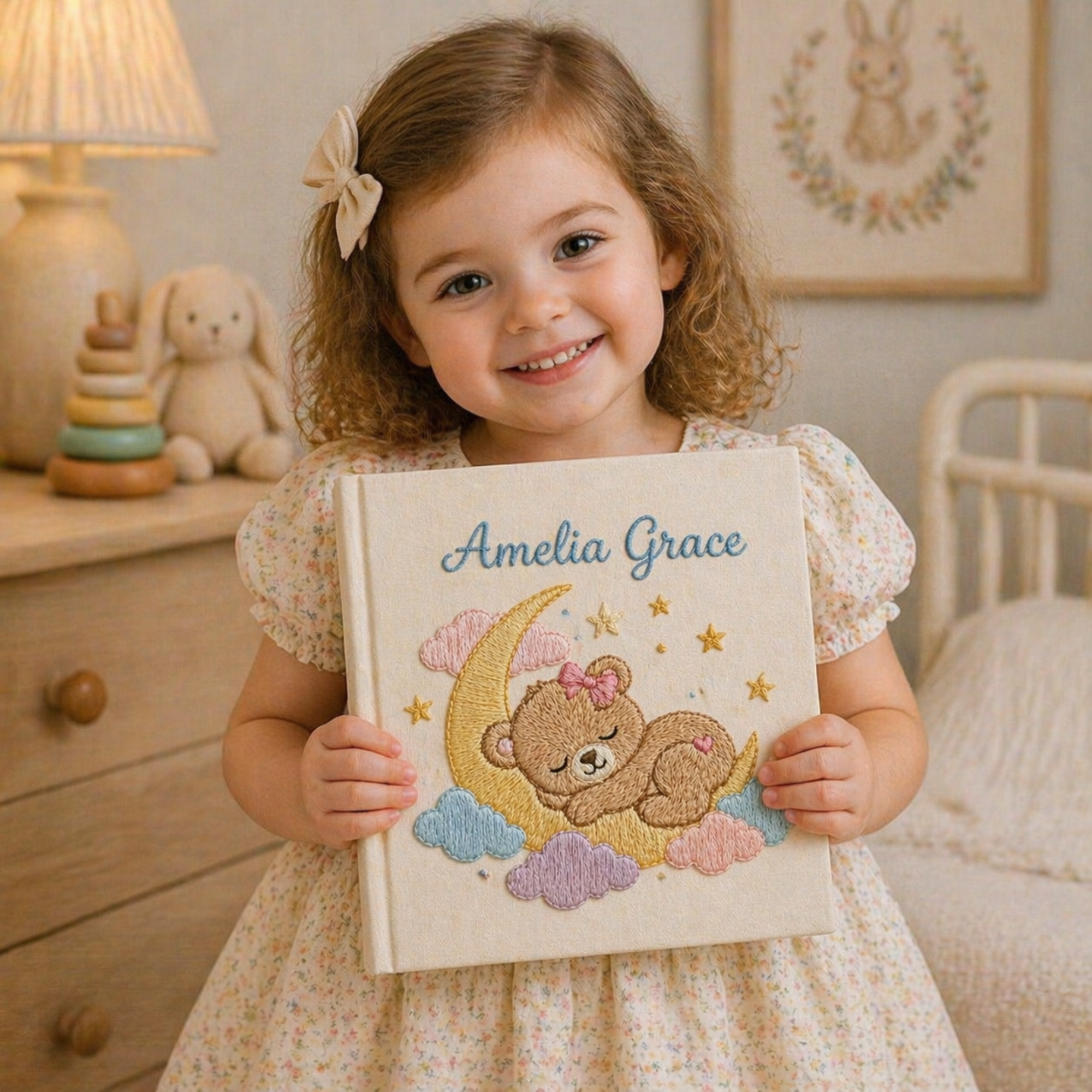 Personalized hand embroidered photo album featuring a dreamland night sky scene with crescent moon, sleeping teddy bear, stars, clouds and custom name embroidery