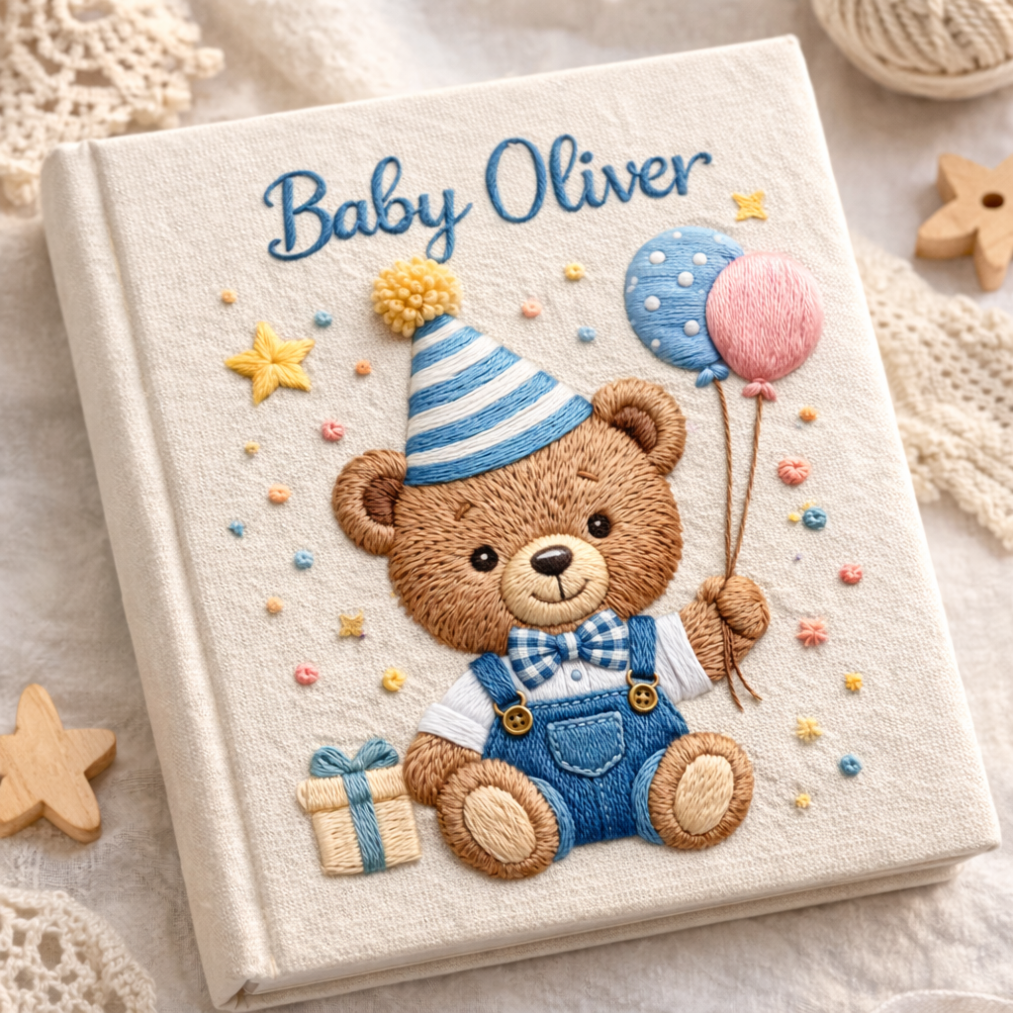 Personalized hand embroidered photo album featuring a birthday teddy bear holding a cake with heart balloons and gift boxes on a linen cover