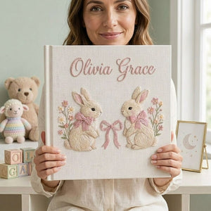 Personalized hand embroidered photo album featuring two adorable rabbits with pink bows and delicate floral accents on a linen cover