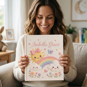 Personalized hand embroidered photo album featuring a smiling sun with bow, pastel rainbow, fluffy clouds, butterflies, and flowers on a premium linen cover customized with a baby name