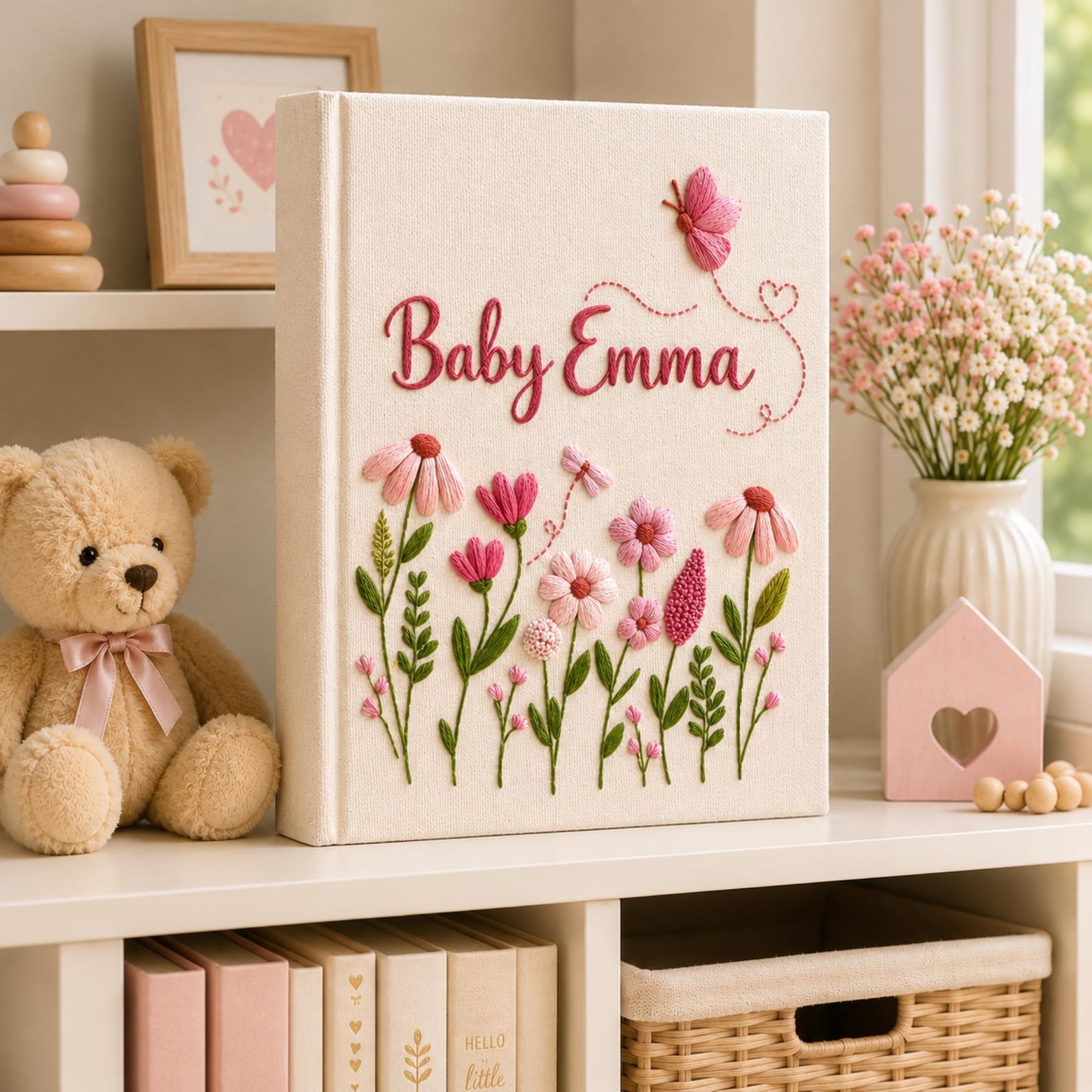 Personalized floral butterfly hand embroidered photo album with pastel wildflowers and custom baby name