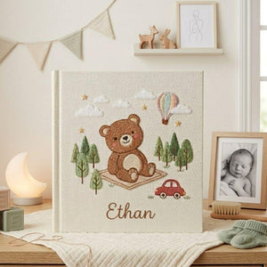 Personalized adventure teddy bear hand embroidered baby photo album with hot air balloon and forest design on linen cover
