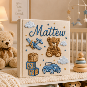 Personalized hand embroidered photo album featuring teddy bear, toy airplane, vintage car, alphabet blocks and nursery stars in blue tones