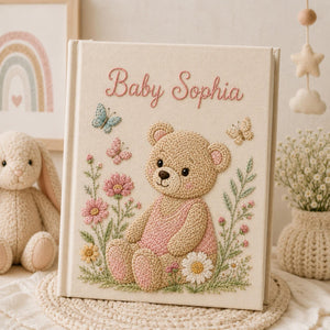 Personalized hand embroidered baby photo album with teddy bear in blue overalls surrounded by flowers and butterflies