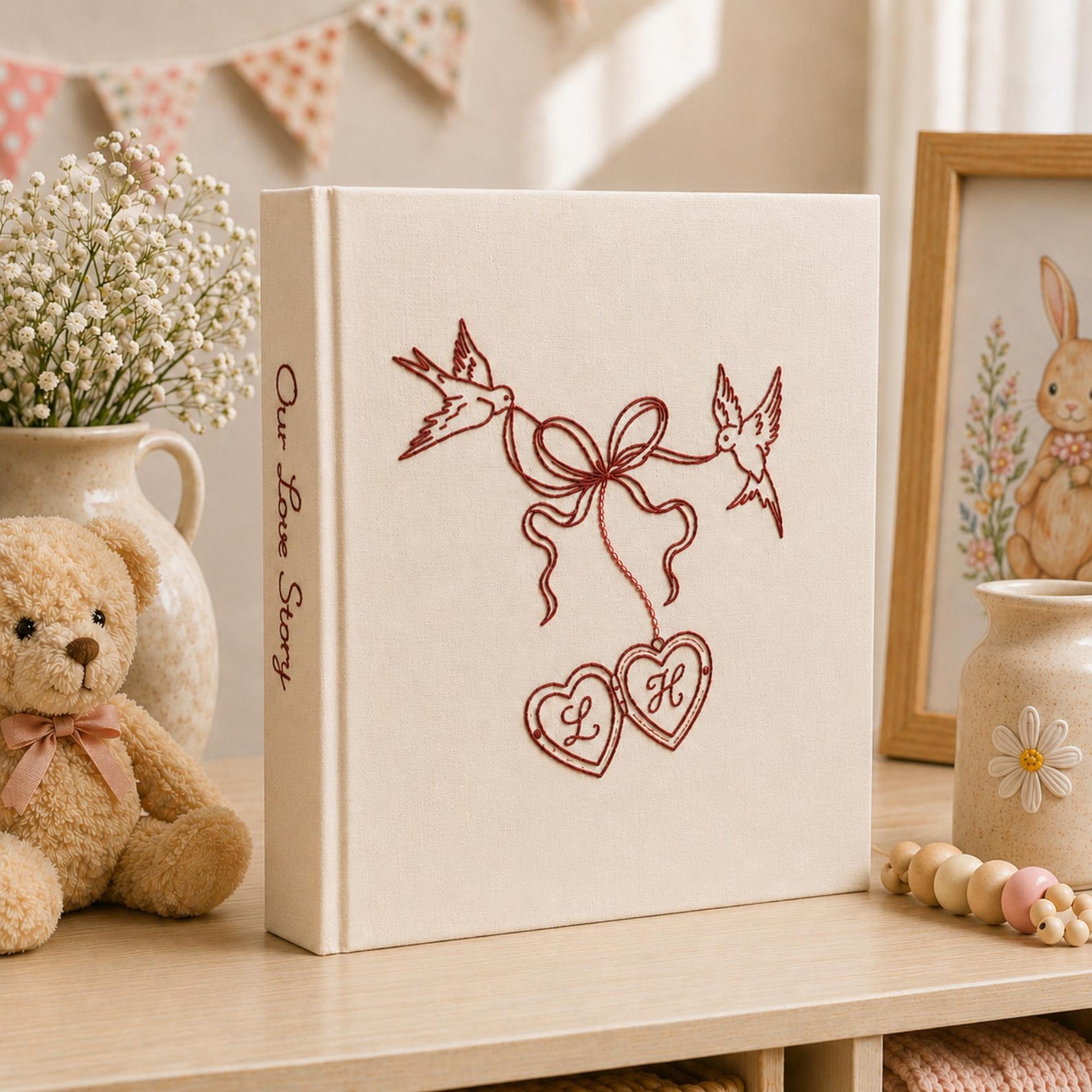 Personalized embroidered wedding photo album with minimalist birds ribbon hearts and custom initials on linen cover