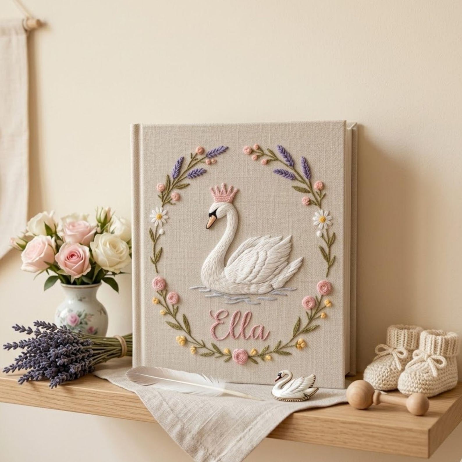 Personalized swan princess hand embroidered baby photo album with floral wreath nursery design on linen cover
