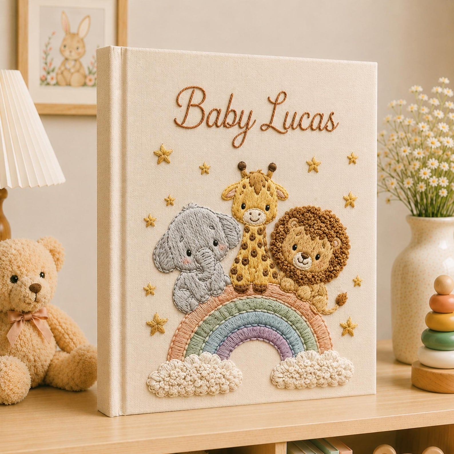 Personalized hand embroidered baby photo album with safari animals sitting on rainbow