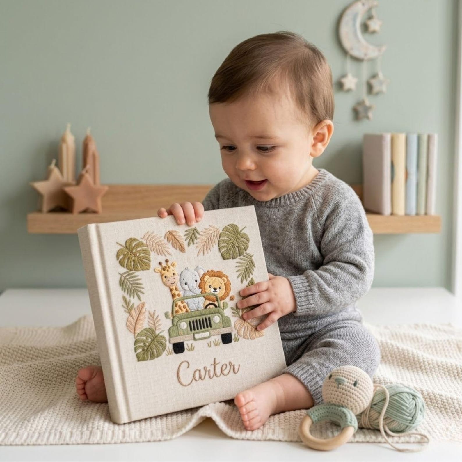 Personalized safari animal embroidered baby photo album with jungle jeep design on linen cover