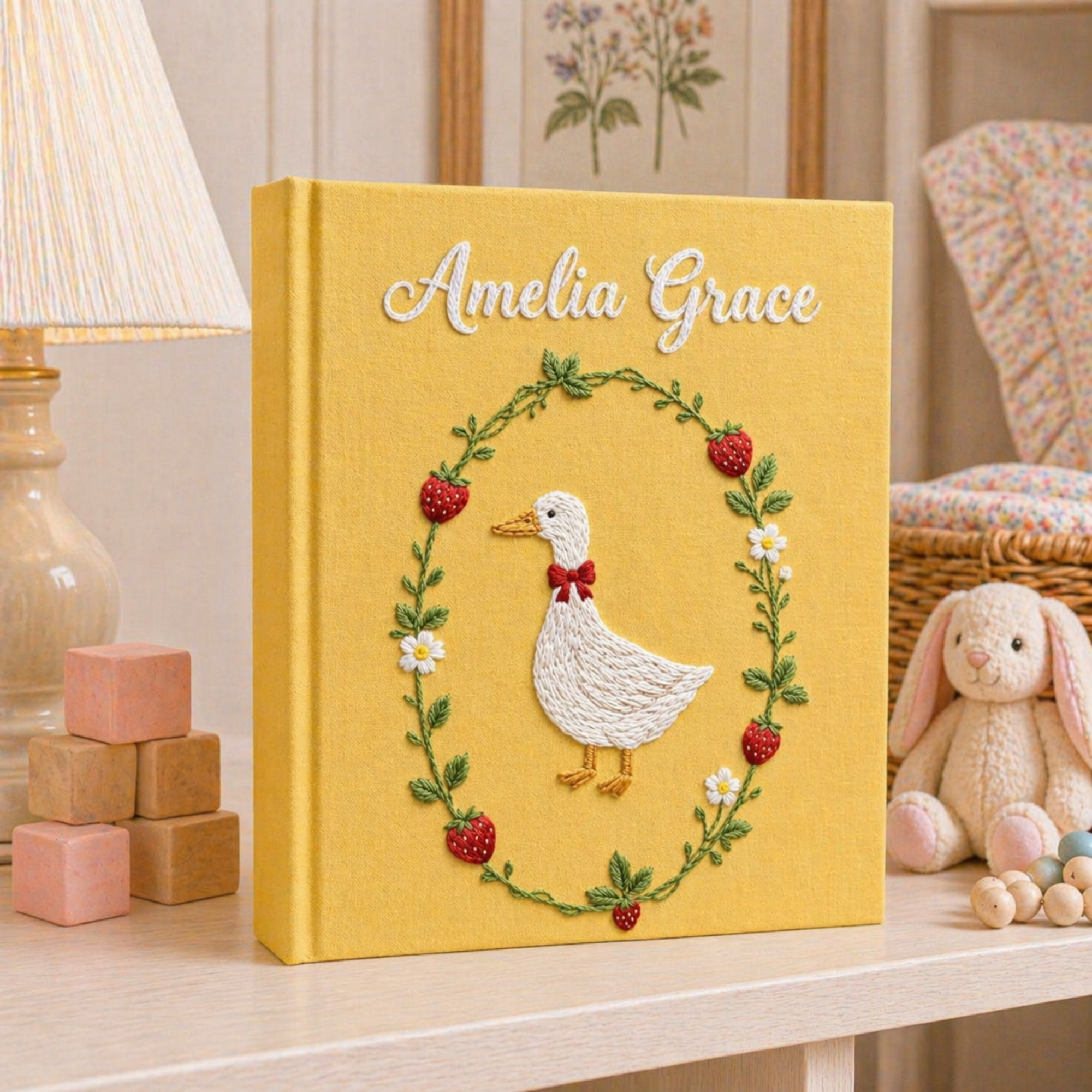 Personalized hand embroidered photo album featuring a white goose surrounded by a floral wreath on a yellow linen cover