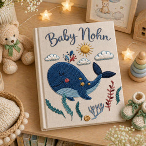 Personalized embroidered baby photo album with smiling whale, ocean plants, clouds, sunshine, and custom name embroidery