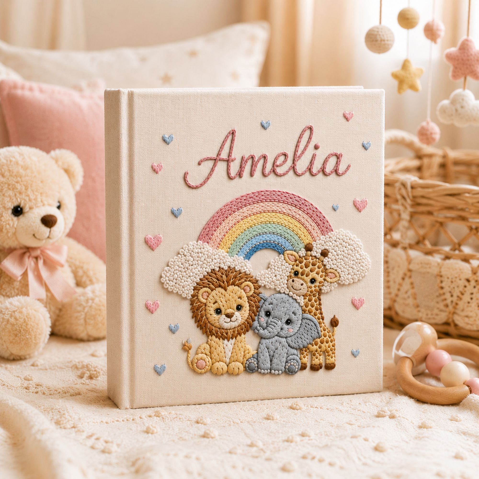 Personalized hand embroidered photo album featuring lion elephant and giraffe under a pastel rainbow with custom name embroidery