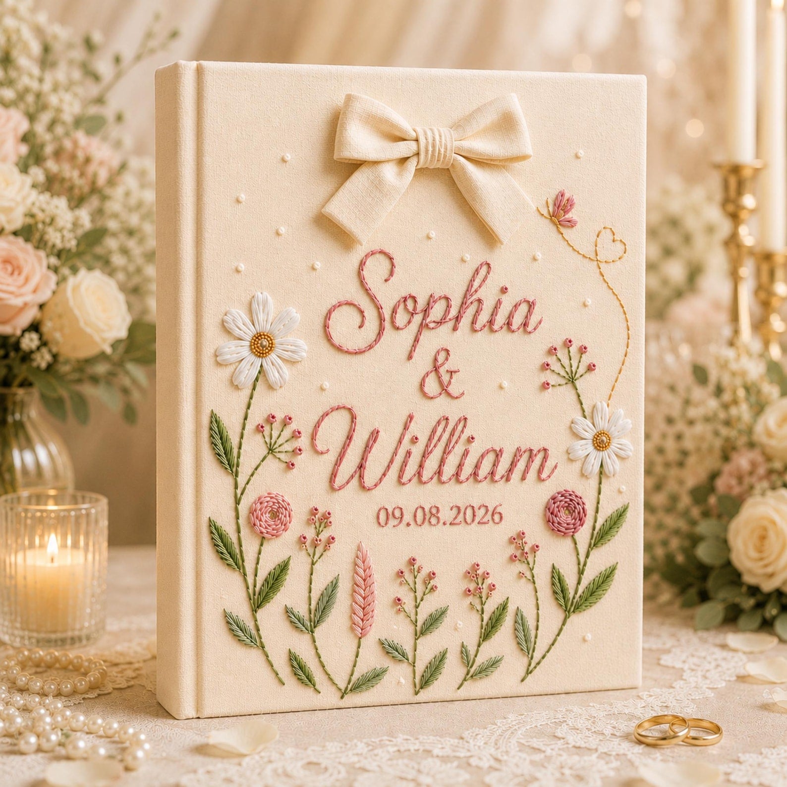 Personalized hand embroidered floral wedding photo album with bow detail and custom couple names on linen cover