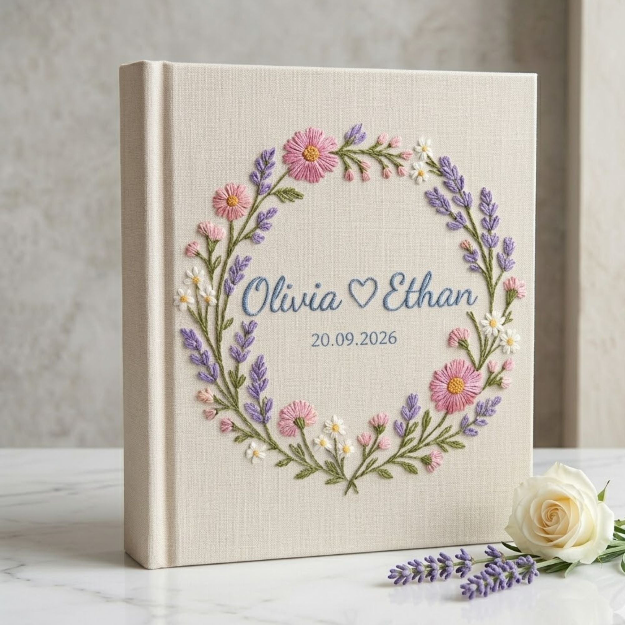 Personalized wildflower wreath hand embroidered photo album with custom names and wedding date on linen cover
