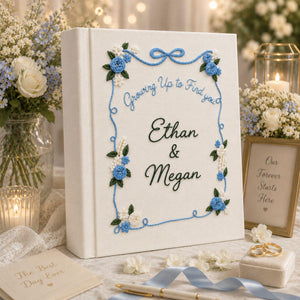 Personalized wedding photo album with blue floral embroidery ribbon border custom couple names and linen fabric cover
