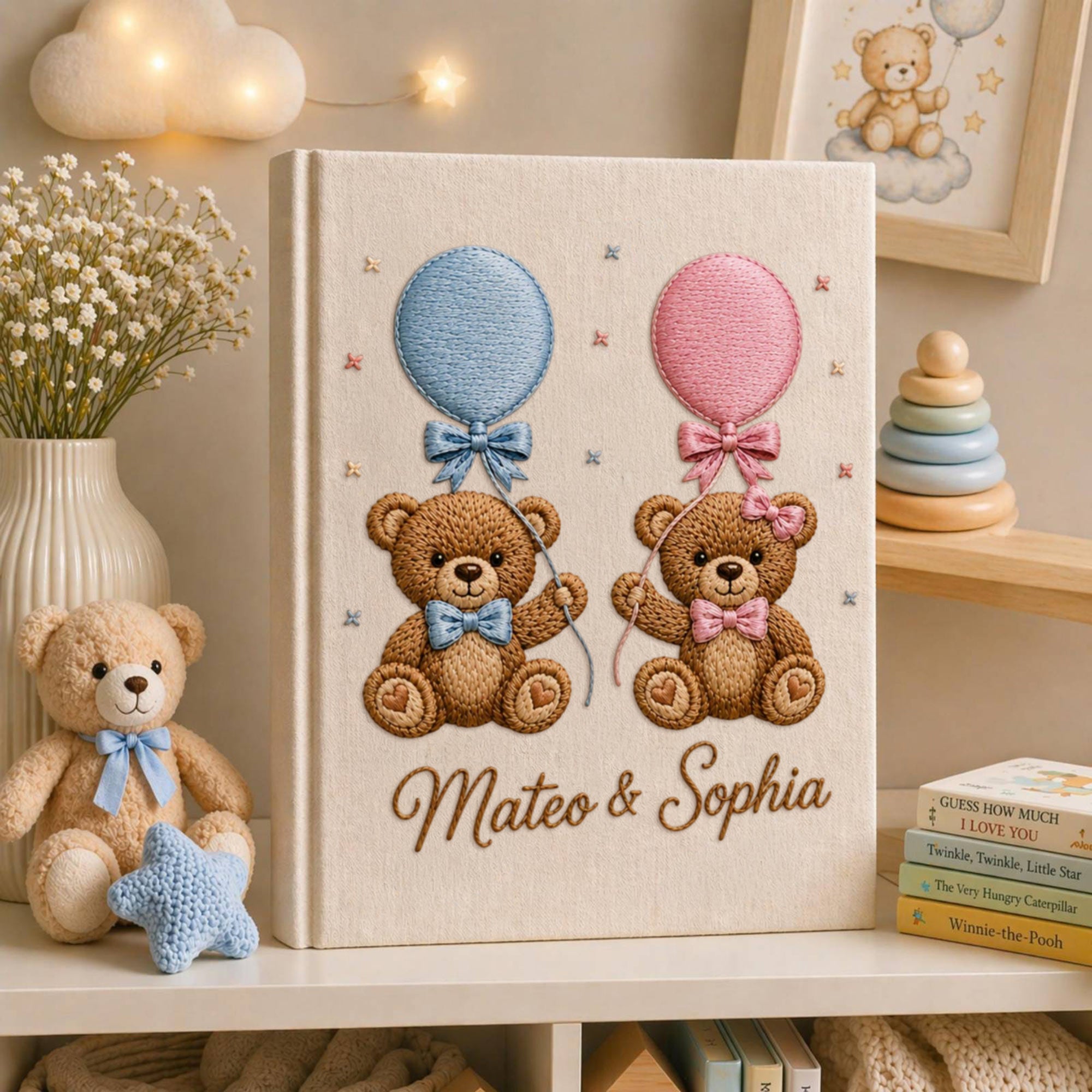 Personalized hand embroidered teddy bear photo album with pastel balloons custom baby keepsake memory book