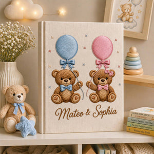 Personalized hand embroidered teddy bear photo album with pastel balloons custom baby keepsake memory book