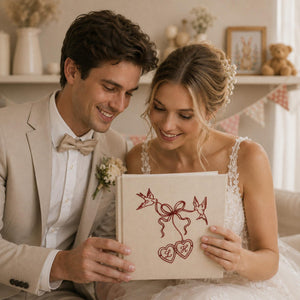 Personalized embroidered wedding photo album with minimalist birds ribbon hearts and custom initials on linen cover