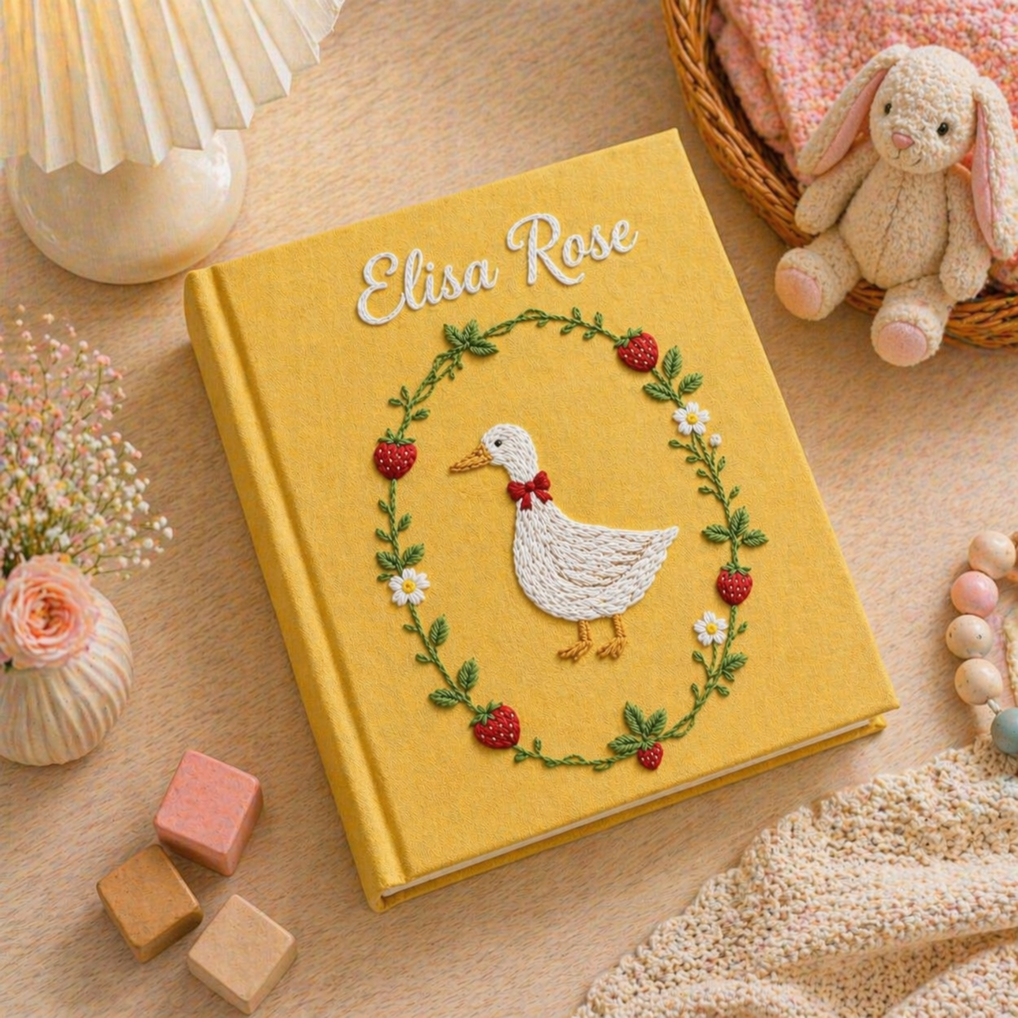 Personalized hand embroidered photo album featuring a white goose surrounded by a floral wreath on a yellow linen cover