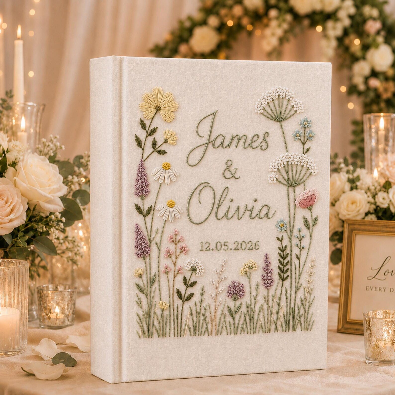 Personalized hand embroidered wild meadow wedding photo album with colorful botanical flowers and custom names on linen cover