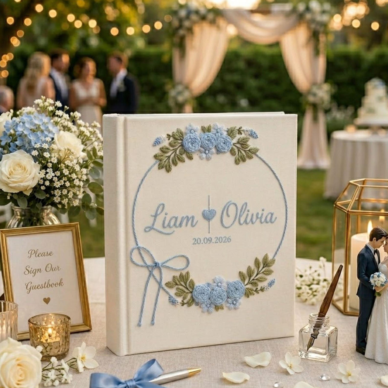 Personalized wedding photo album with blue floral wreath embroidery custom couple names and wedding date on linen cover