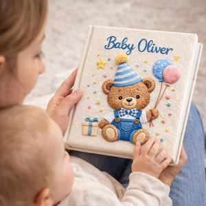 Personalized hand embroidered photo album featuring a birthday teddy bear holding a cake with heart balloons and gift boxes on a linen cover