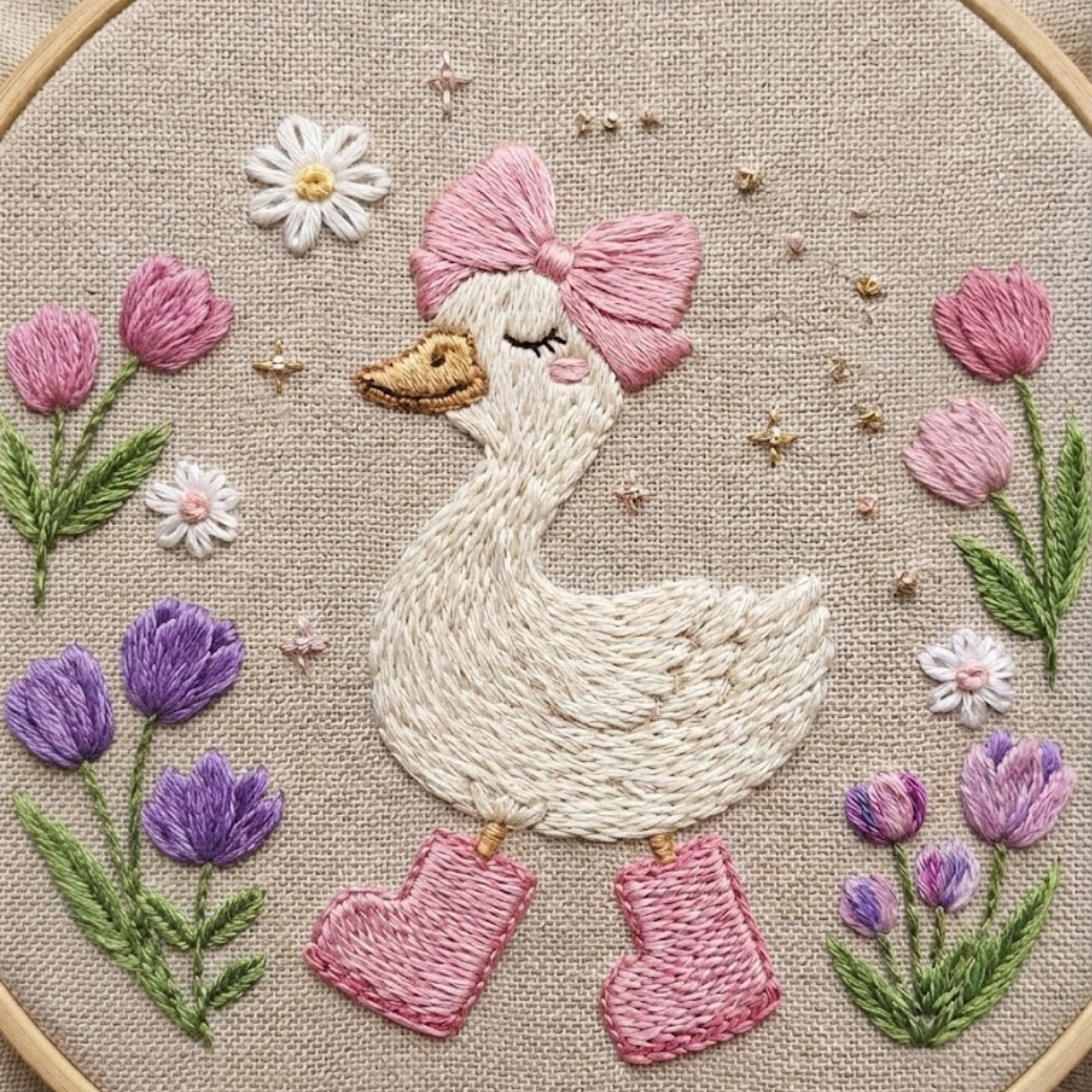 Personalized hand embroidered photo album featuring a charming goose girl with bow, flowers, and cottagecore details on a pink linen cover