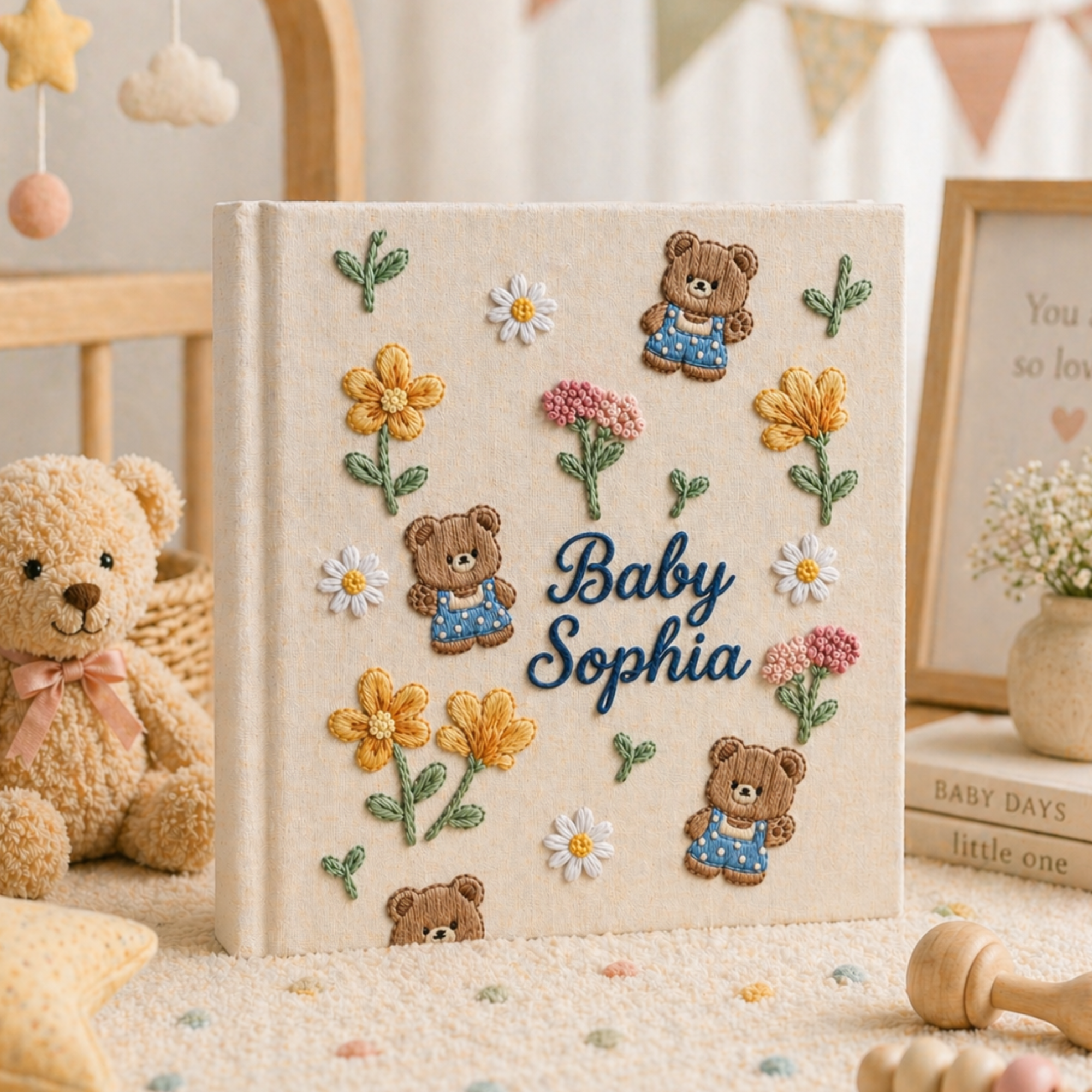 Personalized hand embroidered photo album featuring teddy bears, botanical flowers, leafy accents and custom baby name embroidery on a linen cover