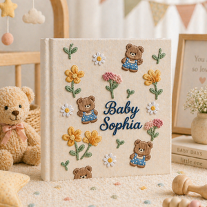 Personalized hand embroidered photo album featuring teddy bears, botanical flowers, leafy accents and custom baby name embroidery on a linen cover