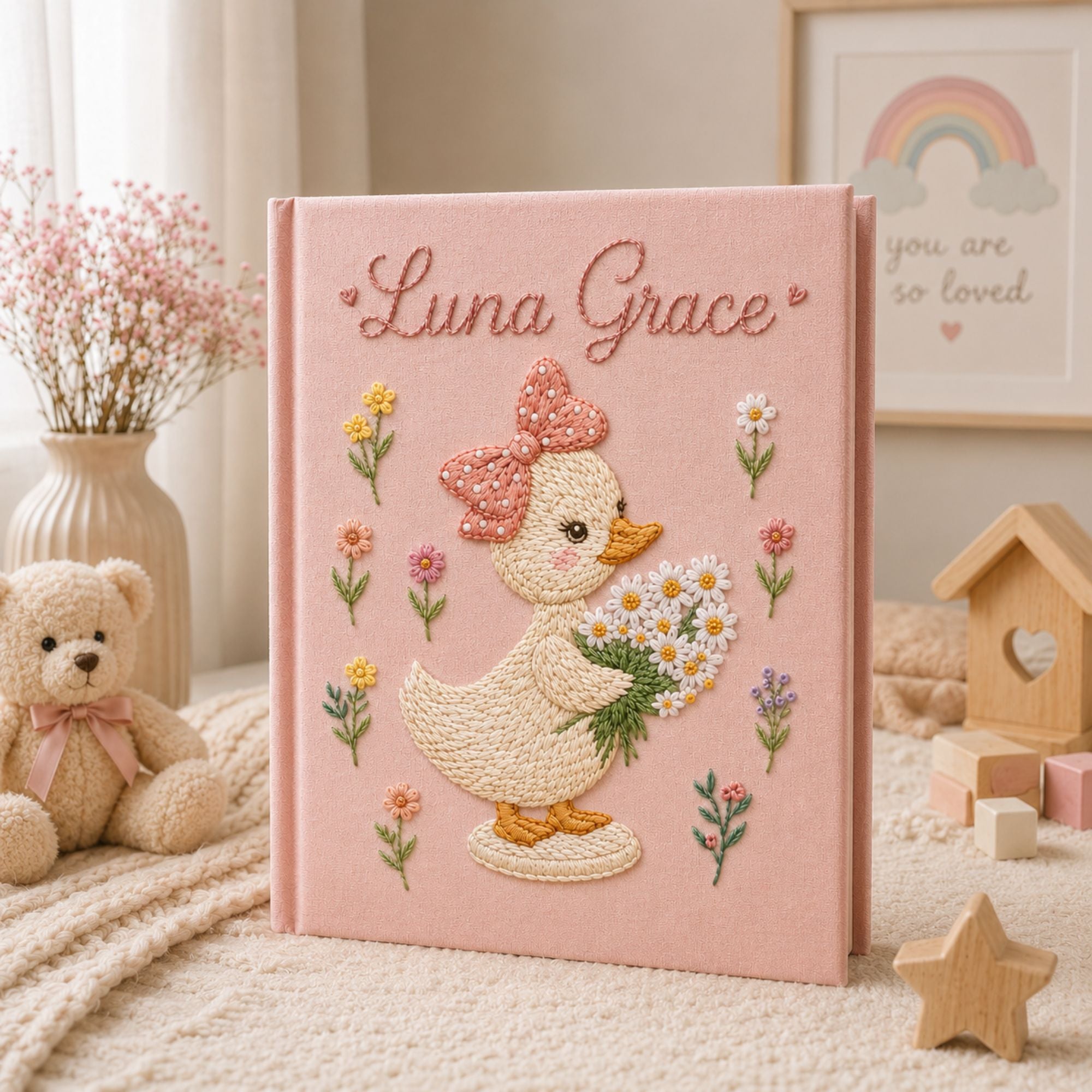 Personalized hand embroidered photo album featuring a cute duckling with a polka dot bow holding a daisy bouquet surrounded by pastel flowers and custom name embroidery