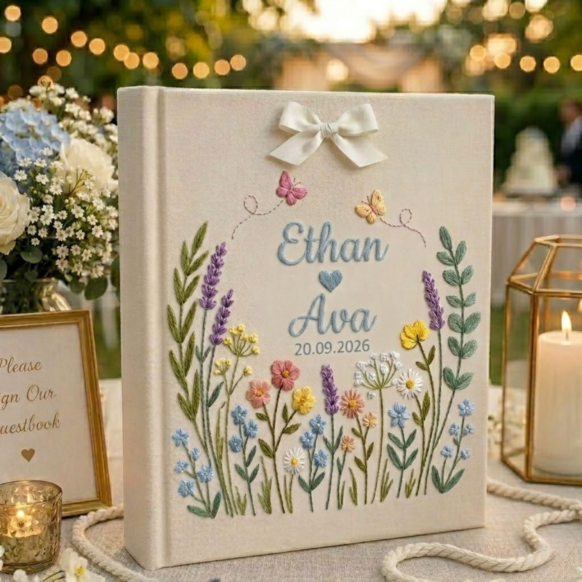Personalized wildflower meadow hand embroidered photo album with custom names date butterflies and ribbon bow on linen cover