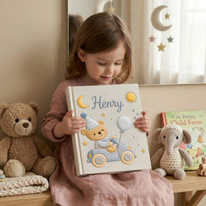 Personalized hand embroidered baby photo album featuring teddy bear driving a pastel blue vintage car with balloon, moon, stars, and sunshine accents