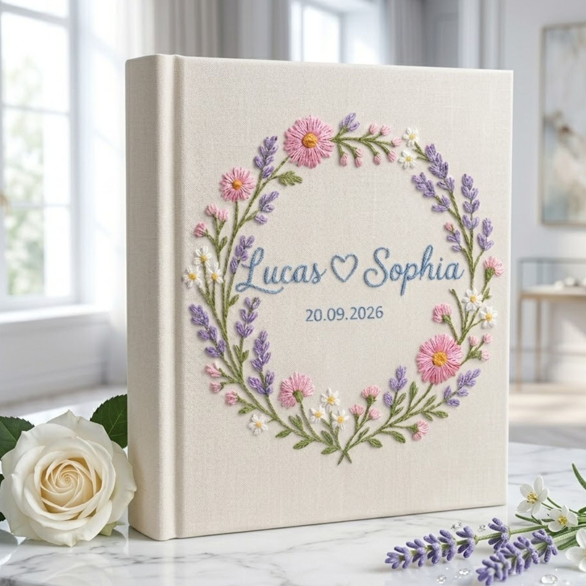 Personalized wildflower wreath hand embroidered photo album with custom names and wedding date on linen cover