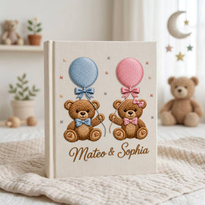 Personalized hand embroidered teddy bear photo album with pastel balloons custom baby keepsake memory book