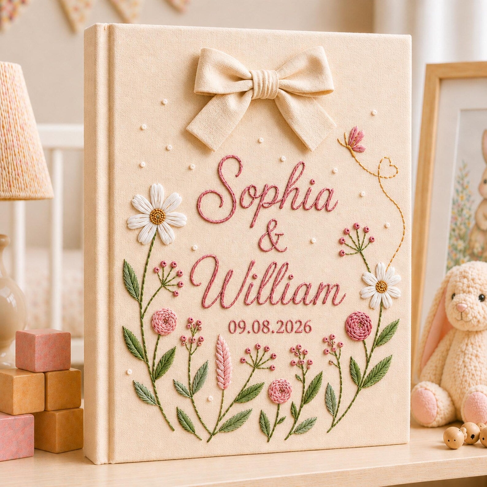 Personalized hand embroidered floral wedding photo album with bow detail and custom couple names on linen cover