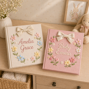 Personalized hand embroidered photo album featuring a floral name crest with pastel flowers and elegant bow on a pink linen cover