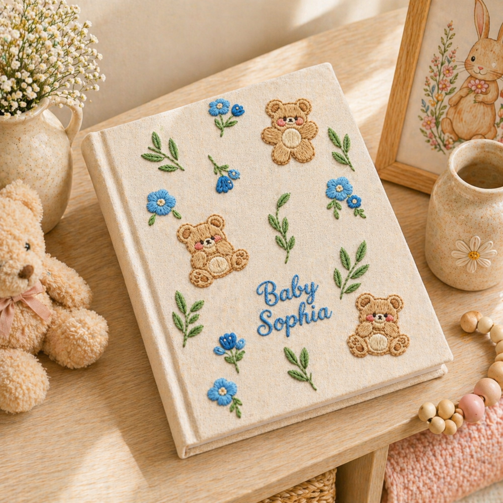 Personalized hand embroidered photo album featuring teddy bears, botanical flowers, leafy accents and custom baby name embroidery on a linen cover